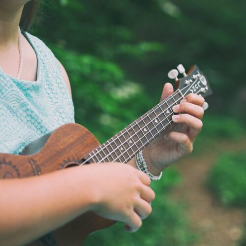 woman wearing blue sleeveless top holding brown ukulele