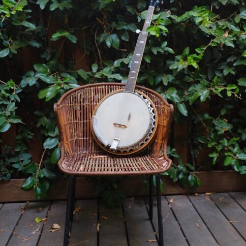 shallow focus photo banjo on brown wicker chair